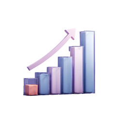 Aufkleber - Minimalist and transparent 3D bar chart with an upward pointing arrow icon showcasing financial growth and strengthening currency on a soft purple background