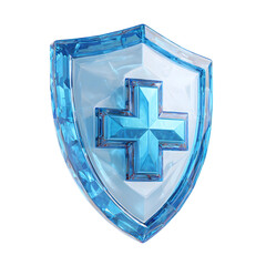 Aufkleber - Transparent blue crystal like shield with a prominent cross icon representing the concept of healthcare security medical insurance and protection against health risks