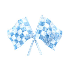 Poster - Crossed blue and white checkered racing flags with a transparent crystal like 3D style and soft lighting against a clear background