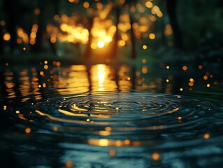 Poster - Tranquil golden light reflection on water surface with concentric ripple effect