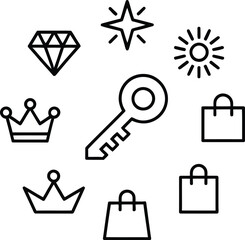 Poster - Icons featuring diamond, star, sun, key, crown, shopping bag, and shopping cart.





