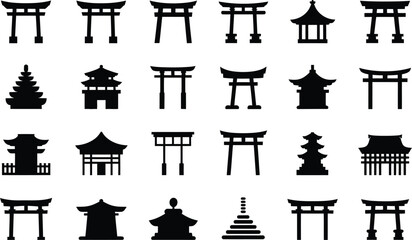 Poster - Collection of stylized black and white illustrations depicting traditional japanese torii gates and architectural structures