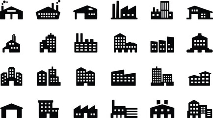 Poster - A collection of simple silhouette industrial buildings and factories representing urban landscapes and architectural elements on white backgrounds.