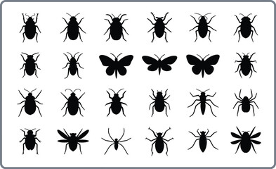 Poster - A collection of black silhouettes of various insects including beetles spiders butterflies and other bugs on a white background