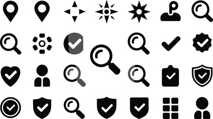 Poster - Collection of versatile black and white icon illustrations representing various concepts such as search location security and confirmation elements