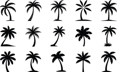 Poster - Collection of black palm tree silhouette icons featuring various tropical designs suitable for holiday, vacation, or summer themed projects