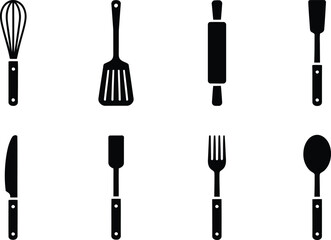 Poster - Silhouetted collection of essential kitchen utensils including a whisk spatula rolling pin knife fork and spoon on a white background