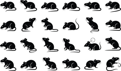 Poster - A collection of black silhouette vector illustrations featuring various poses and orientations of cute rodents on a white background