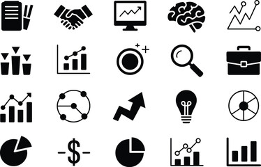 Poster - Collection of black and white business and finance icons representing data analysis growth and success concepts in a vector style