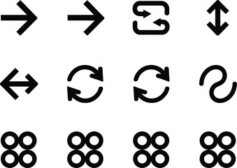 Poster - Collection of minimalist black arrow icons, symbols and shapes for direction, navigation, refresh, up and down, and other interface design elements.