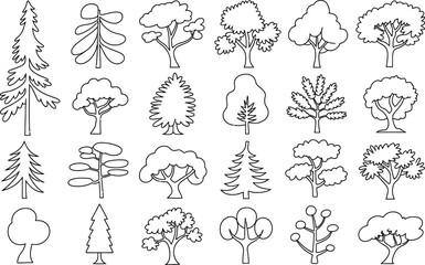 Poster - Collection of simple black and white outlined tree illustrations for design and educational purposes ideal for nature themed projects