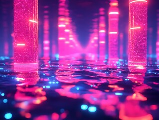 Poster - Neon Reflections: Abstract Cylinders on Water in a Vibrant Pink and Blue Ambiance