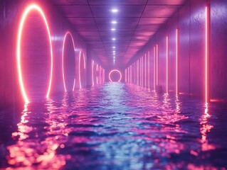 Aufkleber - Surreal neon corridor with reflections in a futuristic, watery expanse