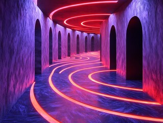 Aufkleber - Abstract Corridor with Arched Doorways and Vibrant Neon Glowing Pathways