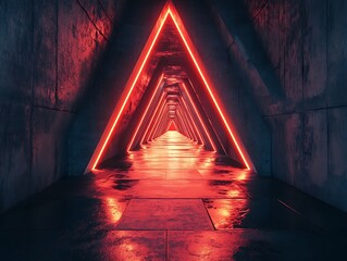 Aufkleber - Vibrant triangular neon illumination in an endless concrete architecture