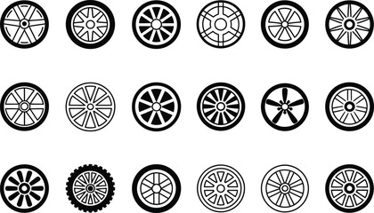 Poster - Collection of various automotive wheel designs in black and white providing a comprehensive set for vehicle and transportation concepts