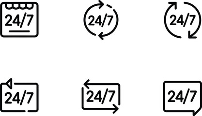 Poster - Set of six minimalist black and white 24/7 service and support icons illustrating always available assistance and availability for businesses