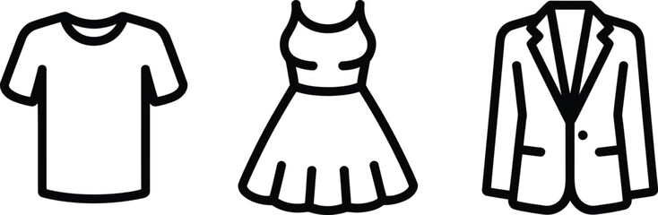 Poster - Vector illustration of simple minimalist outline icons depicting a t shirt a dress and a blazer for clothing design