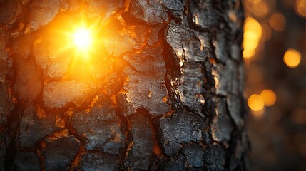 Poster - Luminous bark: Close-up of a textured tree bark illuminated by warm light