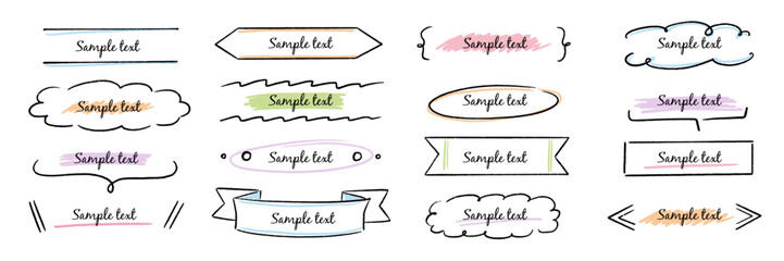Fototapete - Text box hand drawn banner, frame set. Hand style brush stroke, rustic banner, cute tag, label, ornament and highlight. Graphic text shape, headline badge decoration elements. Vector illustration