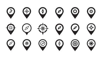 Poster - Collection of black compass navigation icons in various designs for location pin markers