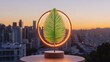 © 1989 - Illuminated green leaf sculpture on a wooden base.