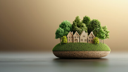 Poster - Miniature eco friendly village with wooden houses and lush green trees sits on floating island, symbolizing sustainable living and environmental harmony