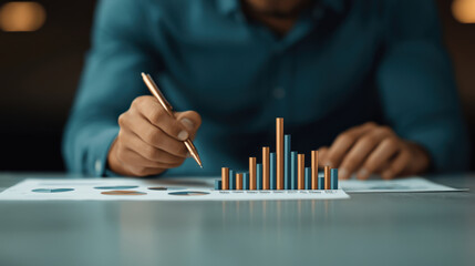Poster - Person in blue shirt is analyzing financial charts with pen, focusing on bar graphs and pie charts. scene conveys sense of concentration and professionalism