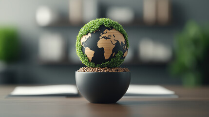Poster - Small globe with continents made of wood and covered in green foliage sits in black pot filled with soil, symbolizing environmental sustainability and global conservation