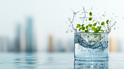 Poster - Glass of water with green plants and wind turbines symbolizes sustainable energy and environmental conservation. cityscape in background highlights urban integration