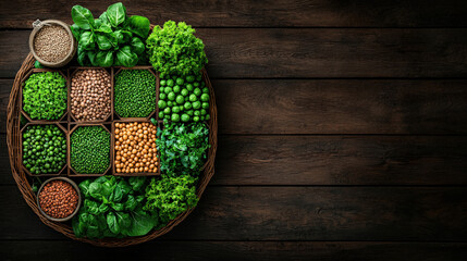 Poster - Vibrant image showcasing variety of fresh vegetables and legumes arranged basket rustic wooden table. assortment includes spinach, peas, chickpeas, and lentils, creating colorful and healthy