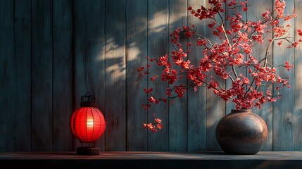 Poster - Tranquil ambiance featuring a red lantern and cherry blossom arrangement