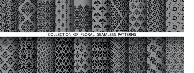 Leinwandbilder - Geometric floral set of seamless patterns. Gray and black vector backgrounds. Damask graphic ornaments