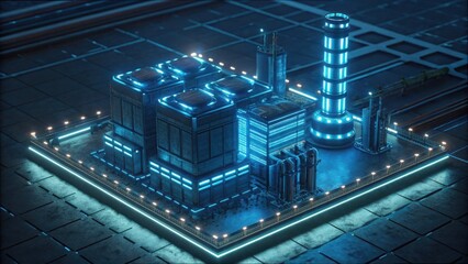 Poster - Futuristic Industrial Facility with Digital Lighting and Mirrored Design