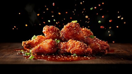 Poster - An artistic image of fried chicken wings glistening with a honey glaze, garnished with sesame seeds and green onions, emphasizing the dish's sweetness.