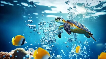 Poster - An underwater shot of a sea turtle interacting with a vibrant school of fish, showcasing the harmony of marine life and the beauty of ocean ecosystems.