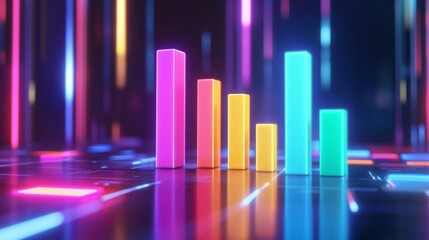 Poster - A D bar chart in vibrant colors representing financial growth, with glowing data points and a futuristic digital background in a business setting.