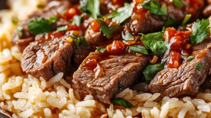 Poster - A beautiful close-up of beef rice, featuring thin slices of beef cooked in a savory sauce, placed on a bed of steaming rice with garnishes of herbs and a dash of chili