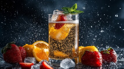 Poster - A bubbly soda with ice in a modern glass, surrounded by fresh fruit, showcasing a refreshing drink ready for summer enjoyment.