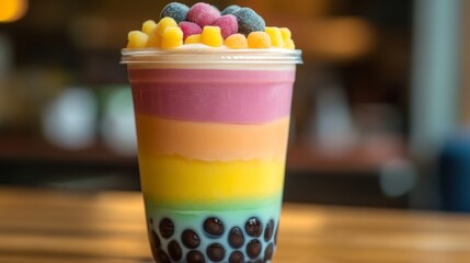 Poster - A close-up of a beautifully layered bubble tea drink, showcasing the contrasting colors of the milk tea and the dark tapioca pearls at the bottom of the glass.