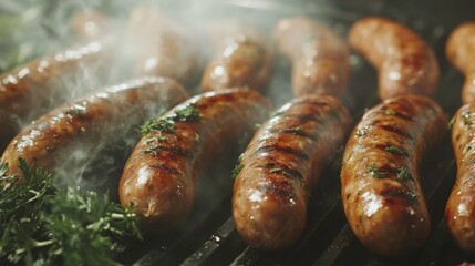 Poster - A close-up of juicy sausages being grilled, with golden-brown coloring and a hint of char, surrounded by fresh herbs and spices, captured with soft lighting