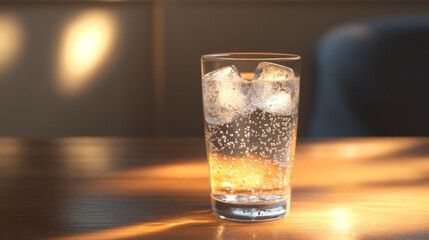 Poster - A close-up shot of a glass filled with sparkling soda and ice cubes, with bubbles rising to the surface, placed on a wooden table with soft lighting