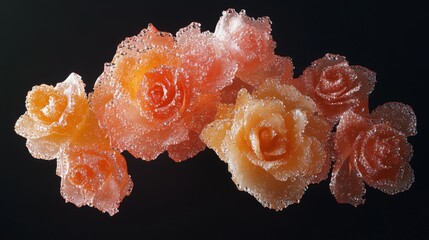 Poster - A cluster of orange and pink roses with glistening water droplets, arranged against a dark background for contrast and depth