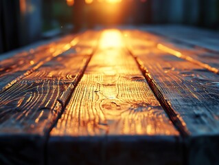 Poster - Golden hour light reflecting beautifully on the surface of a rustic wooden table