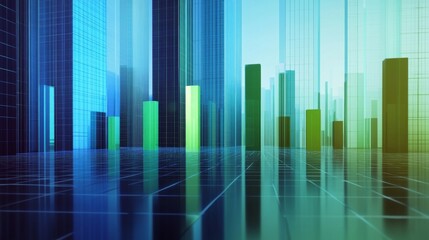 Fototapete - A detailed D financial bar graph with rising bars in blue and green tones, set against a modern digital grid background with glowing elements.