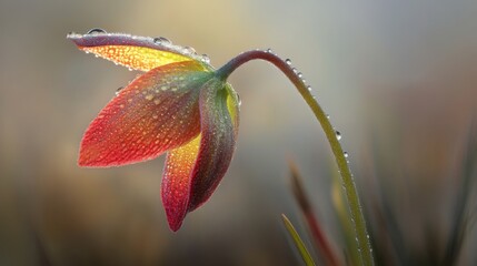 Aufkleber - A detailed shot of a flower with dewdrops on its petals, captured in the soft morning sunlight, with vibrant colors and natural textures