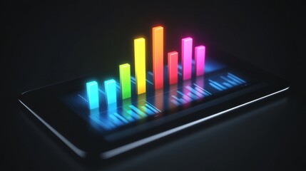 Poster - A digital bar graph on a tablet screen showing financial data with colorful rising bars against a dark background, symbolizing increasing profits