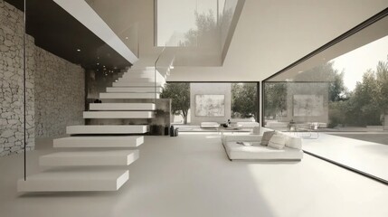 Aufkleber - A floating staircase with white steps and a glass railing, leading to an open second floor, designed in a minimalist aesthetic with simple details