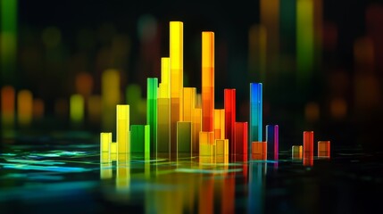 Fototapete - A futuristic D bar graph with colorful, glowing bars rising on a digital screen, showcasing financial growth and performance over time