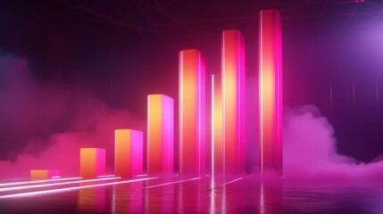 Poster - A futuristic D bar chart with illuminated bars in various heights, highlighting business growth data in a digital finance environment.